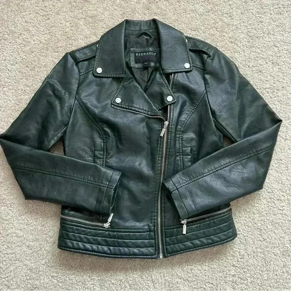 Bernardo Asymmetrical Zip Moto Jacket Women Sz Small Faux Leather Green 7558B373